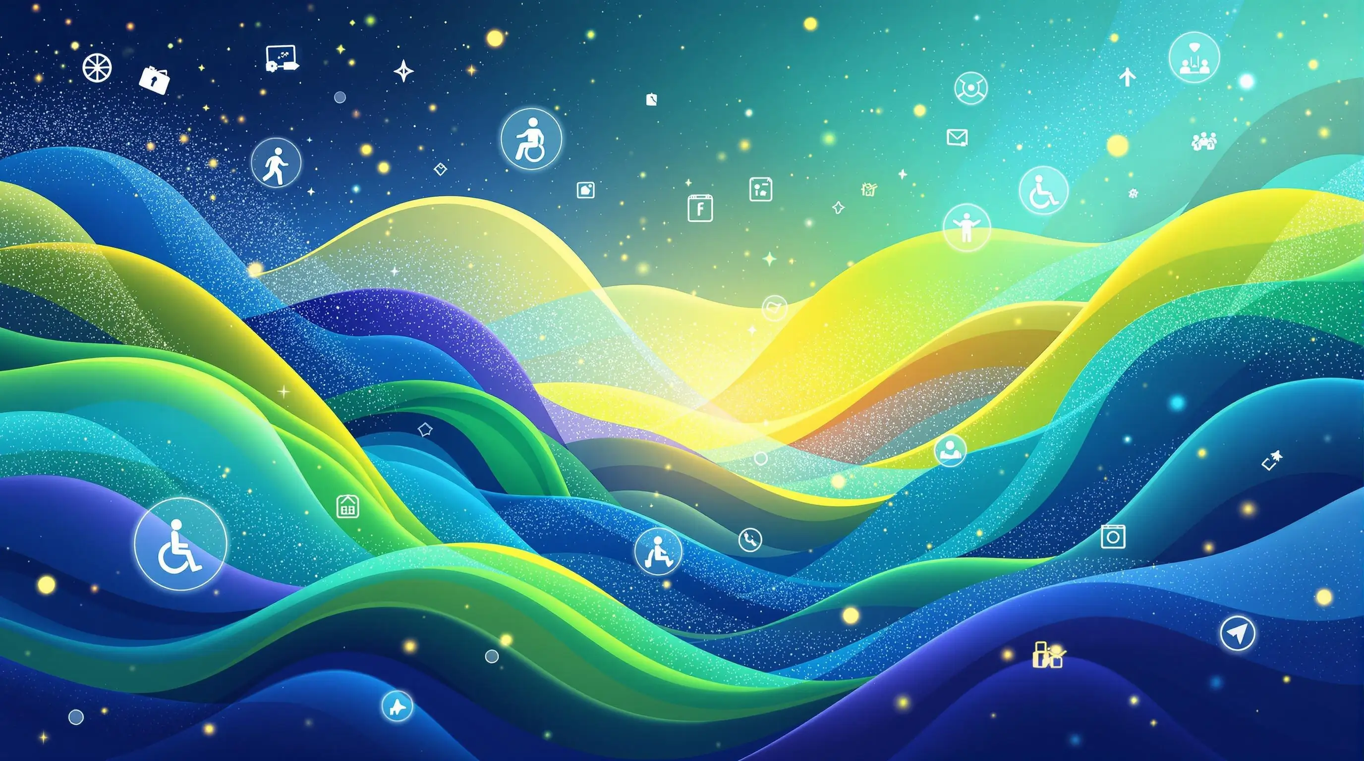 A vibrant, abstract landscape of rolling waves in gradient hues of blue, green, and yellow. Scattered across the image are small, glowing white icons representing various accessibility and community features.